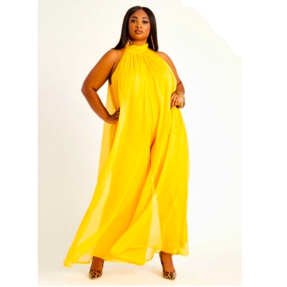 ASHLEY STEWART Halter Gold Flowy Overlay GODDESS Wide Leg Dress Pant JUMPSUIT 20
